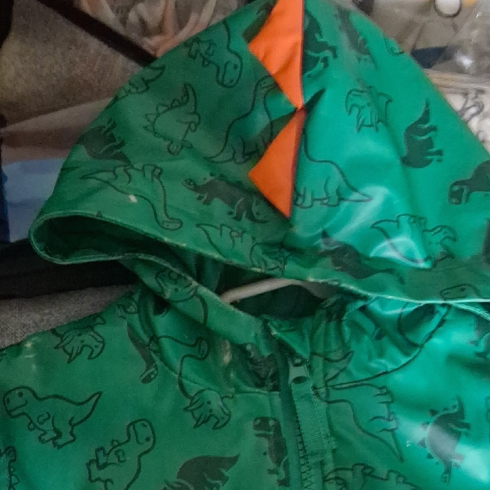 Green Dinosaur Raincoat with Orange Accents